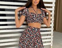 Цветочный комплект: топ с завязками на груди + юбка-макси с разрезом  | PUSHKA SHOP