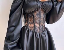 Атласна сукня з обʼємними рукавами та мереживом | PUSHKA SHOP