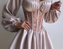 Атласна сукня з обʼємними рукавами та мереживом Атласна сукня з обʼємними рукавами та мереживом | PUSHKA SHOP