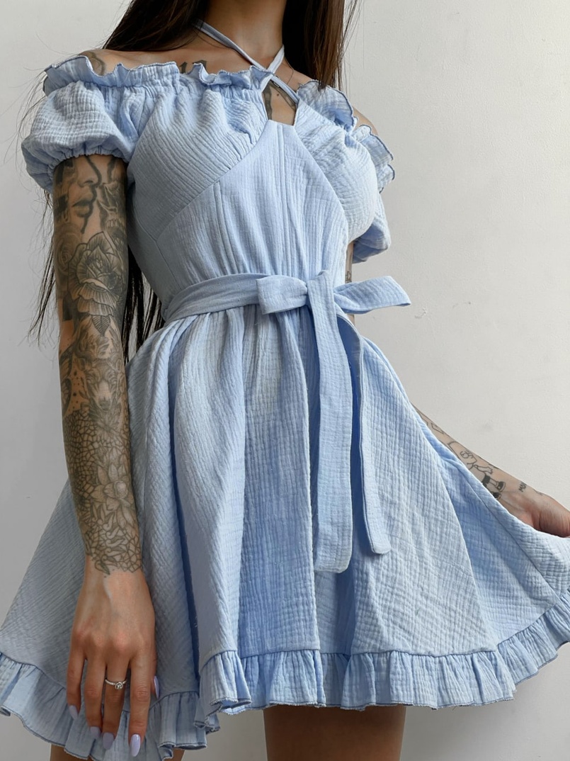 Муслиновое платье мини с корсетной вставкой на талии с косточками  | PUSHKA SHOP