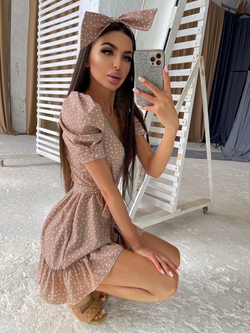 Милое платье в горошек с оборками и повязка бант | PUSHKA SHOP