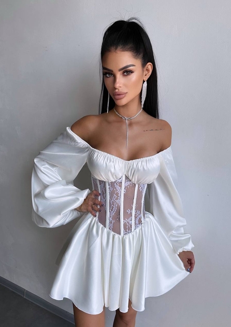 Атласна сукня з обʼємними рукавами та мереживом | PUSHKA SHOP