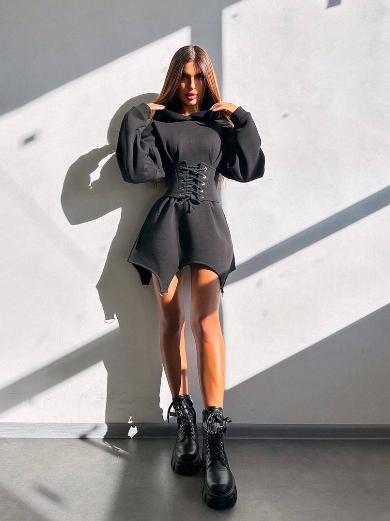 Тепле приталене худі з капюшоном на флісі + корсет на шнурівці Можна носити з корсетом та без | PUSHKA SHOP