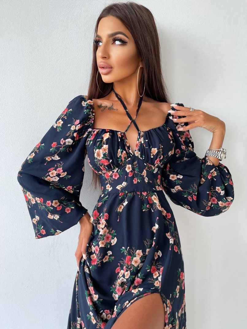 Цветочное платье миди с завязками на груди  | PUSHKA SHOP