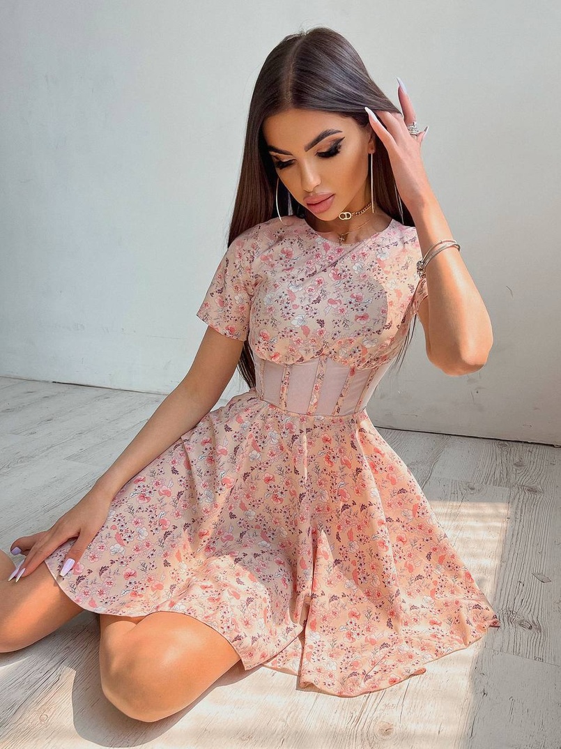 Цветочное платье мини с элементами корсета на косточках  | PUSHKA SHOP