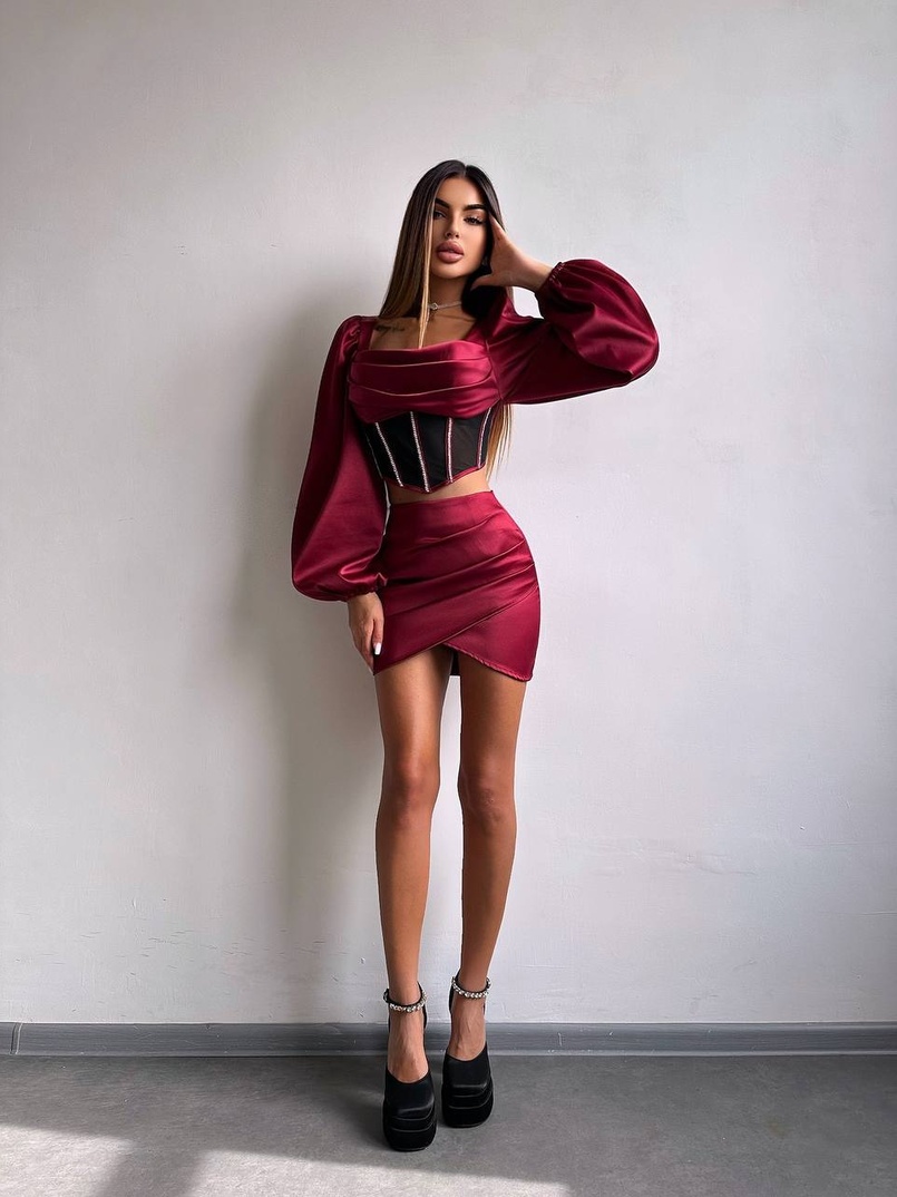 Комплект: корсет, декорований стразами   + спідниця міні з драпіруванням  | PUSHKA SHOP