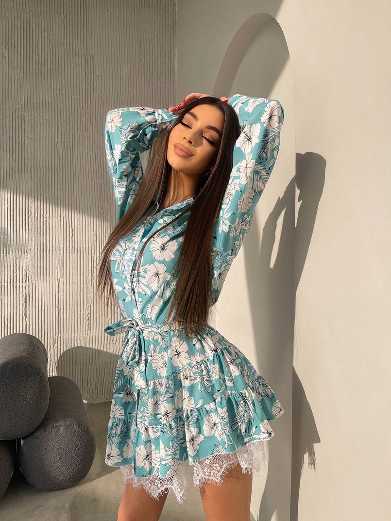 Сукня міні на гудзиках,декорована мереживом  | PUSHKA SHOP