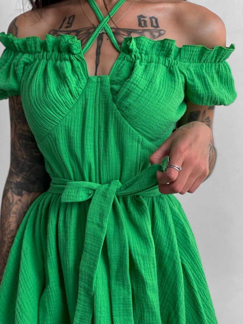 Муслиновое платье мини с корсетной вставкой на талии с косточками Муслиновое платье мини с корсетной вставкой на талии с косточками | PUSHKA SHOP