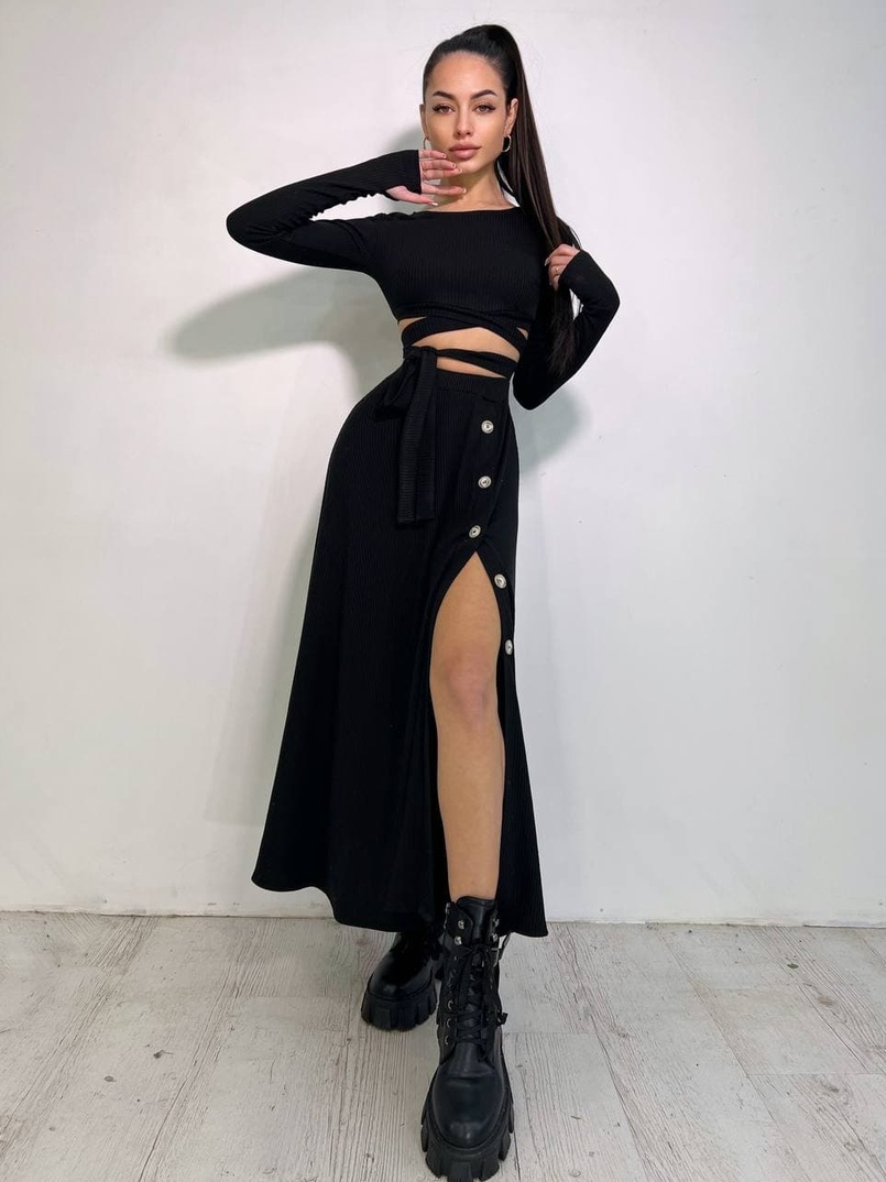 Трикотажный комплект: юбка  миди с разрезом + топ с завязками на талии  | PUSHKA SHOP