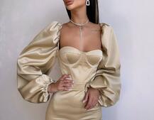 Атласний  комплект: корсет + спідниця декорована бахромою зі страз | PUSHKA SHOP