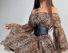 Платье с расклешенными рукавами с ассиметричной юбкой + корсет из эко-кожи Платье с расклешенными рукавами с ассиметричной юбкой + корсет из эко-кожи | PUSHKA SHOP