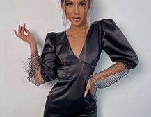 Атласна сукня, декорована сіткою зі стразами | PUSHKA SHOP