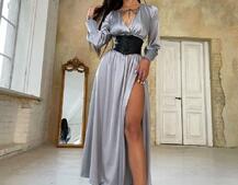 Шелковое платье -миди с разрезом  + корсет из эко-кожи | PUSHKA SHOP