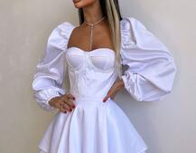 Атласна корсетна сукня бюстьє з пишною подвійною спідницею та об‘ємними рукавами | PUSHKA SHOP