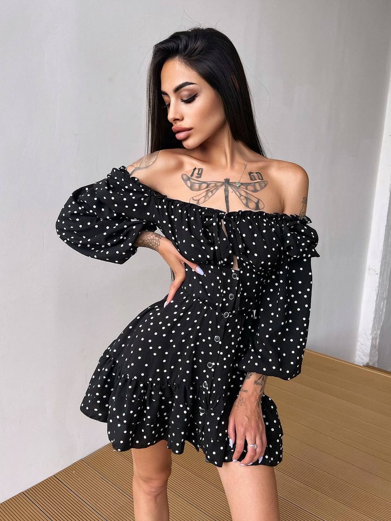 Сукня в горошок на ґудзиках з воланами  | PUSHKA SHOP