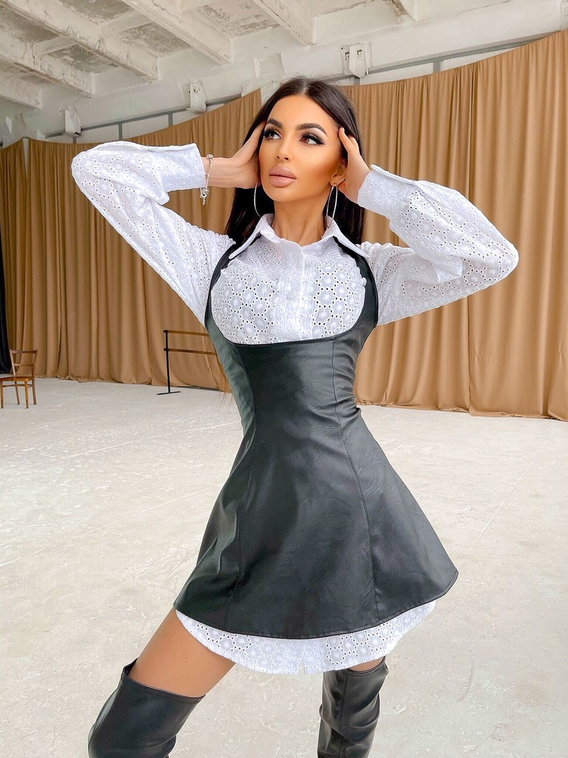 Платье-рубашка из прошвы в комплекте с сарафаном из эко-кожи    | PUSHKA SHOP