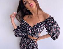 Квітковий комплект: топ із зав'язками на талії + спідниця міді з розрізом | PUSHKA SHOP