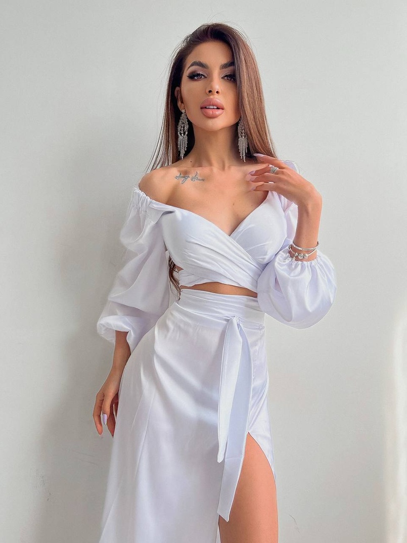 Шелковый комплект: топ с завязками на талии + юбка миди с разрезом  | PUSHKA SHOP