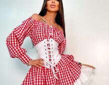 Хлопковое платье в клетку с подъюбником и корсетом из эко-кожи Хлопковое платье в клетку с подъюбником и корсетом из эко-кожи | PUSHKA SHOP