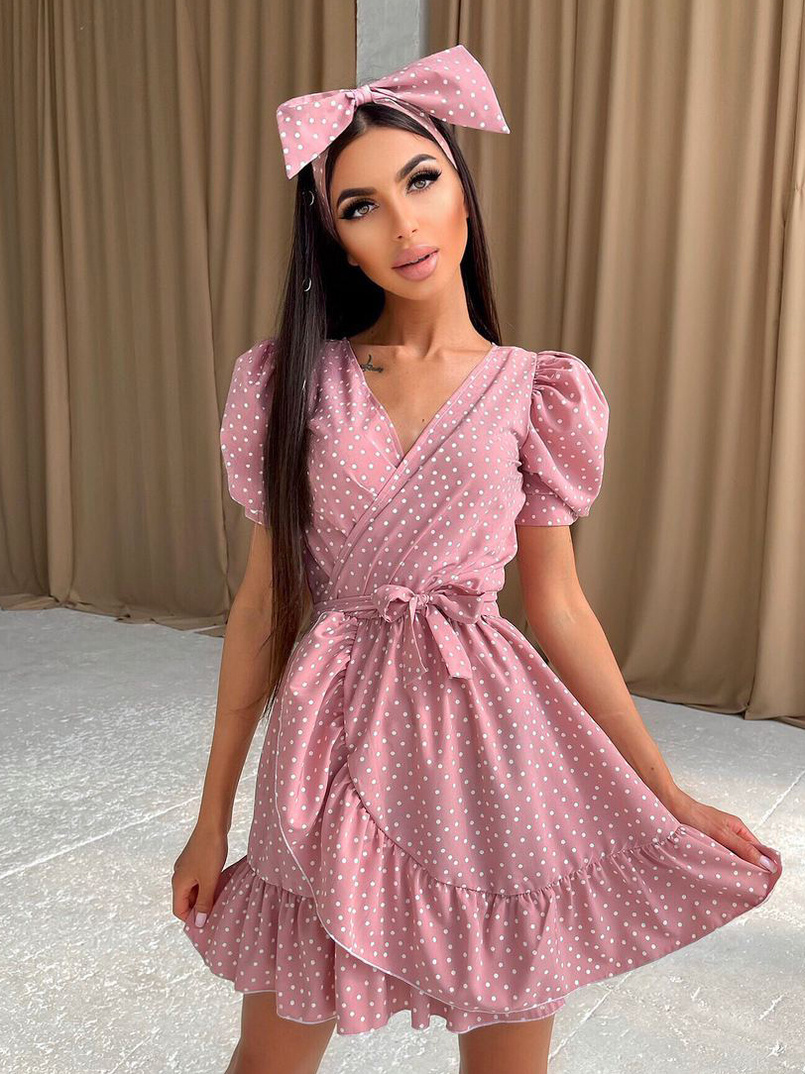 Милое платье в горошек с оборками + повязка на голову с бантом Милое платье в горошек с оборками + повязка на голову с бантом | PUSHKA SHOP