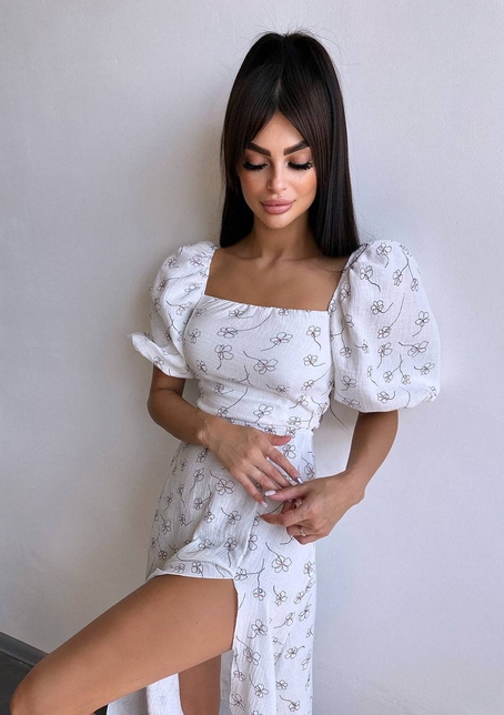 Сукня -міді зі шнурівкою на спинці та розрізом на ніжці з принтом  | PUSHKA SHOP