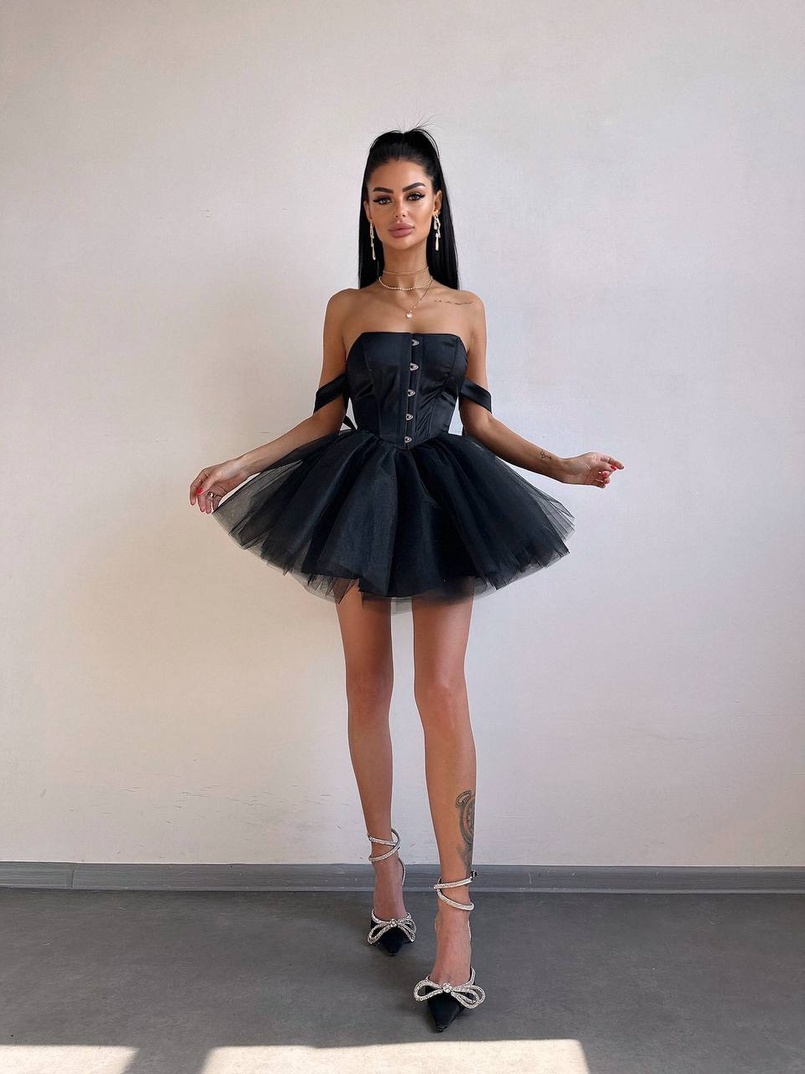 Атласна корсетна сукня міні з гачками та пишною фатиновою спідницею  | PUSHKA SHOP