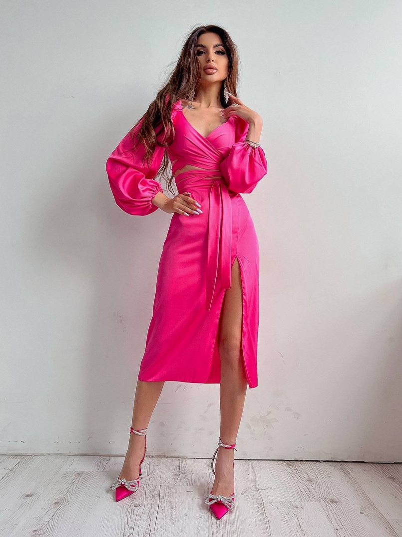 Шелковый комплект: топ с завязками на талии + юбка миди с разрезом  | PUSHKA SHOP