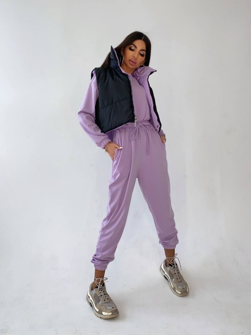 Комплект: комфортный трикотажный комбинезон   укорочённый двухсторонний жилет  | PUSHKA SHOP