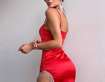 Атласна сукня декорована бахромою зі страз Атласна сукня декорована бахромою зі страз | PUSHKA SHOP