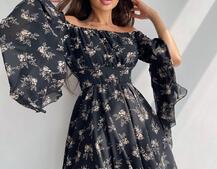 Шифонова сукня на підкладці з розкльошеними рукавами з асиметричною спідницею + корсет декорований стразами  | PUSHKA SHOP