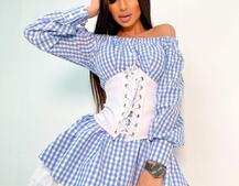 Хлопковое платье в клетку с подъюбником  и корсетом из эко-кожи | PUSHKA SHOP