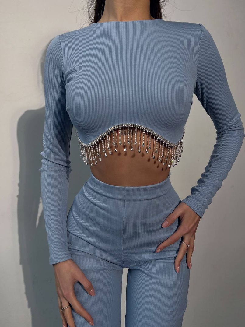 Комплект : штани кльош і топ , декорований бахромою зі страз Ручна робота | PUSHKA SHOP