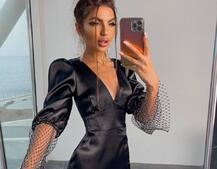 Атласна сукня, декорована сіткою зі стразами | PUSHKA SHOP