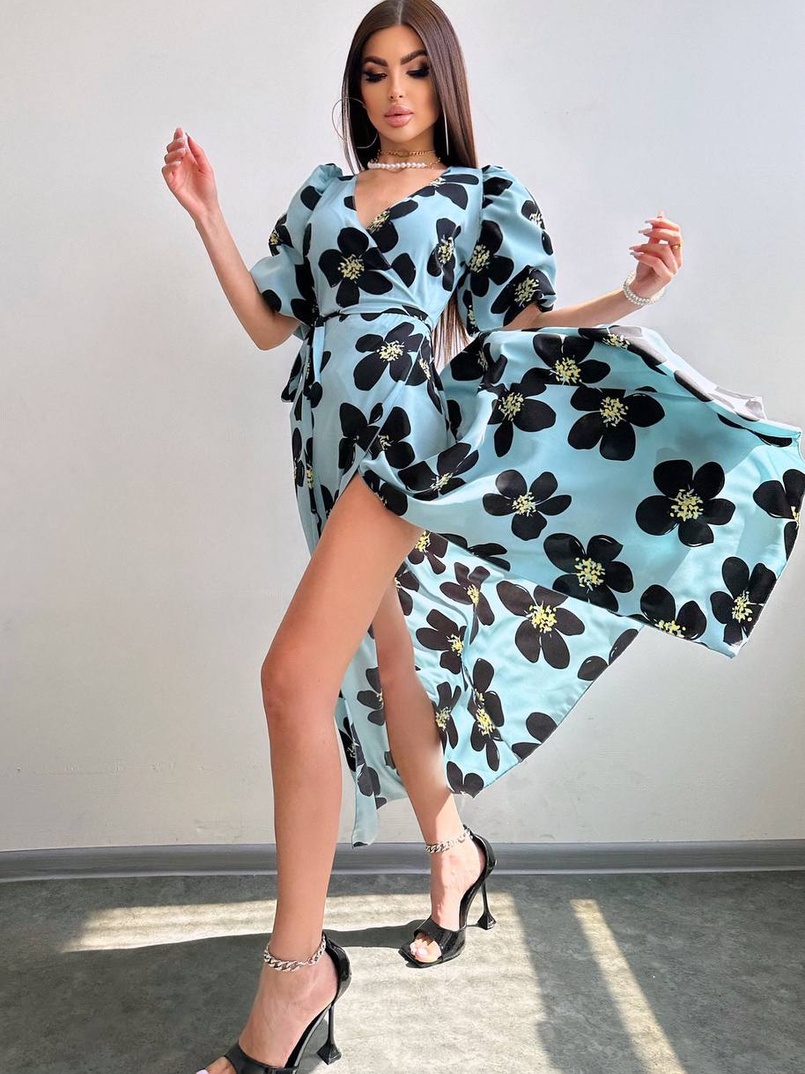 Сукня міді  із запахом та об'ємними рукавами | PUSHKA SHOP