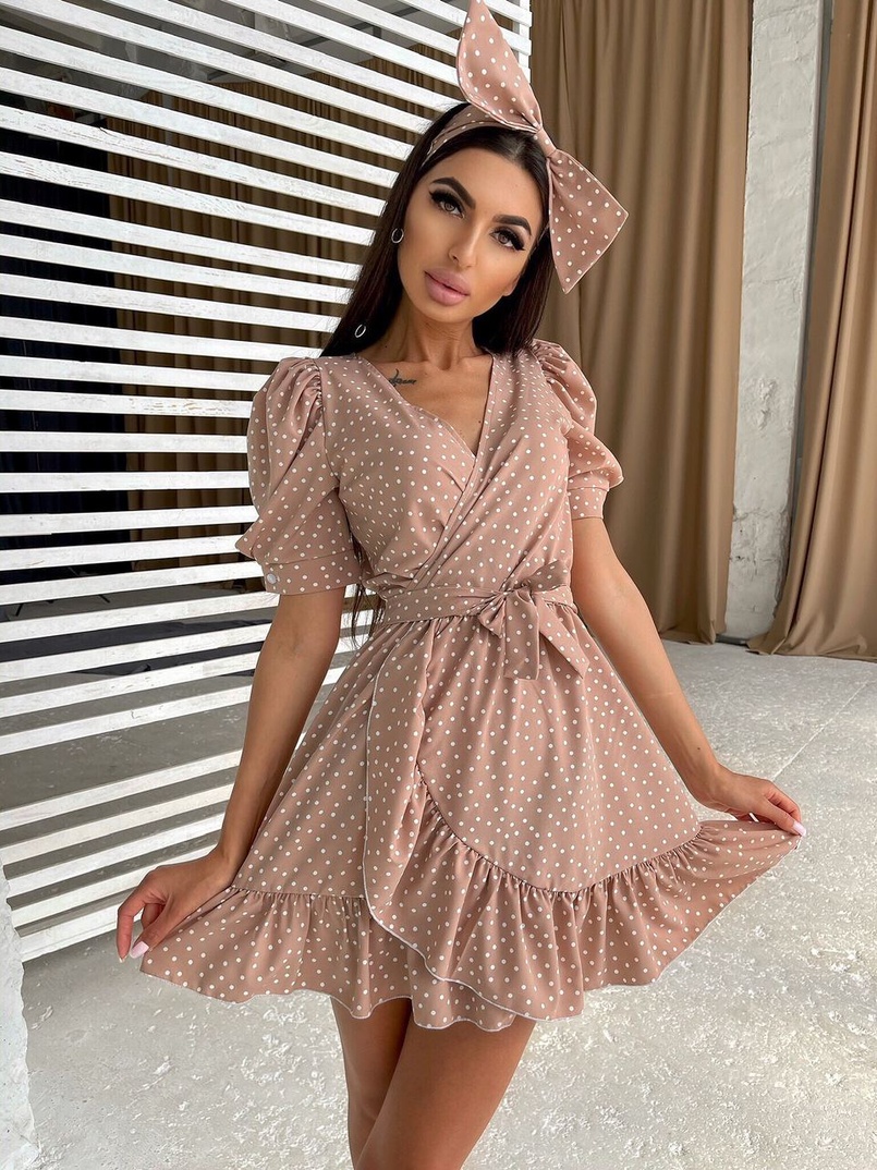 Милое платье в горошек с оборками и повязка бант | PUSHKA SHOP