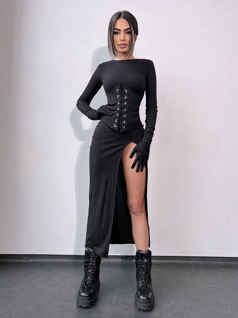 Комплект: трикотажне плаття- міді + корсет + рукавички | PUSHKA SHOP
