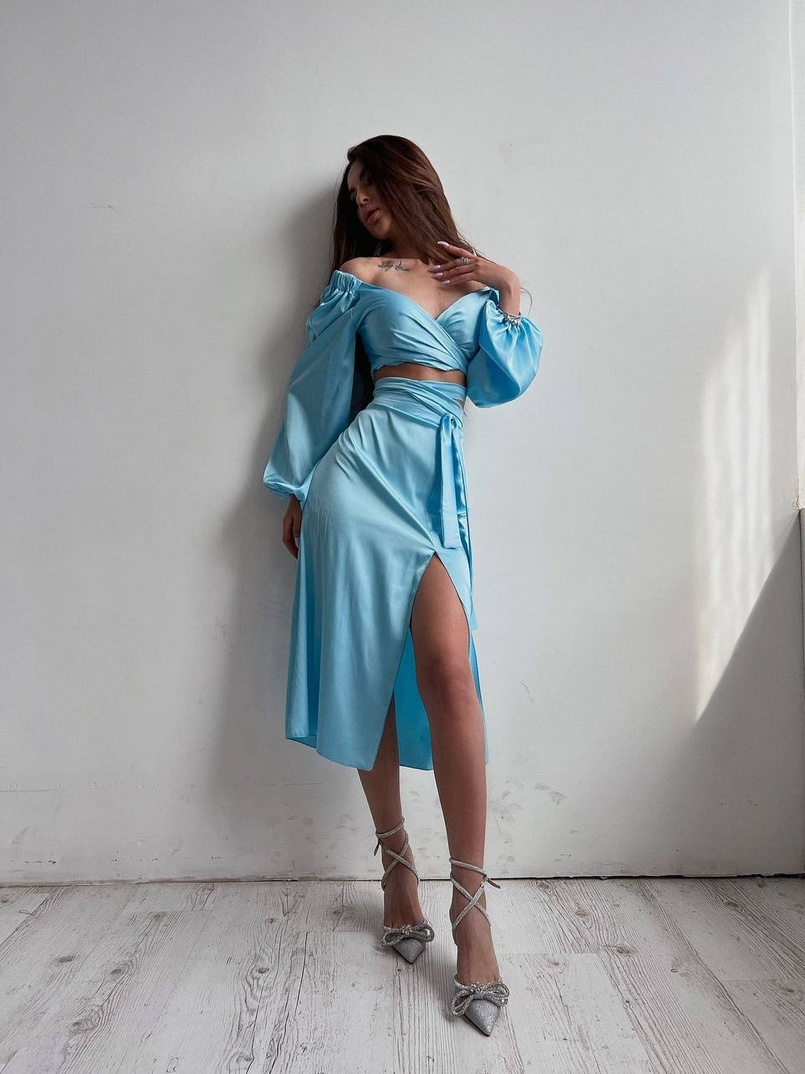 Шелковый комплект: топ с завязками на талии + юбка миди с разрезом  | PUSHKA SHOP