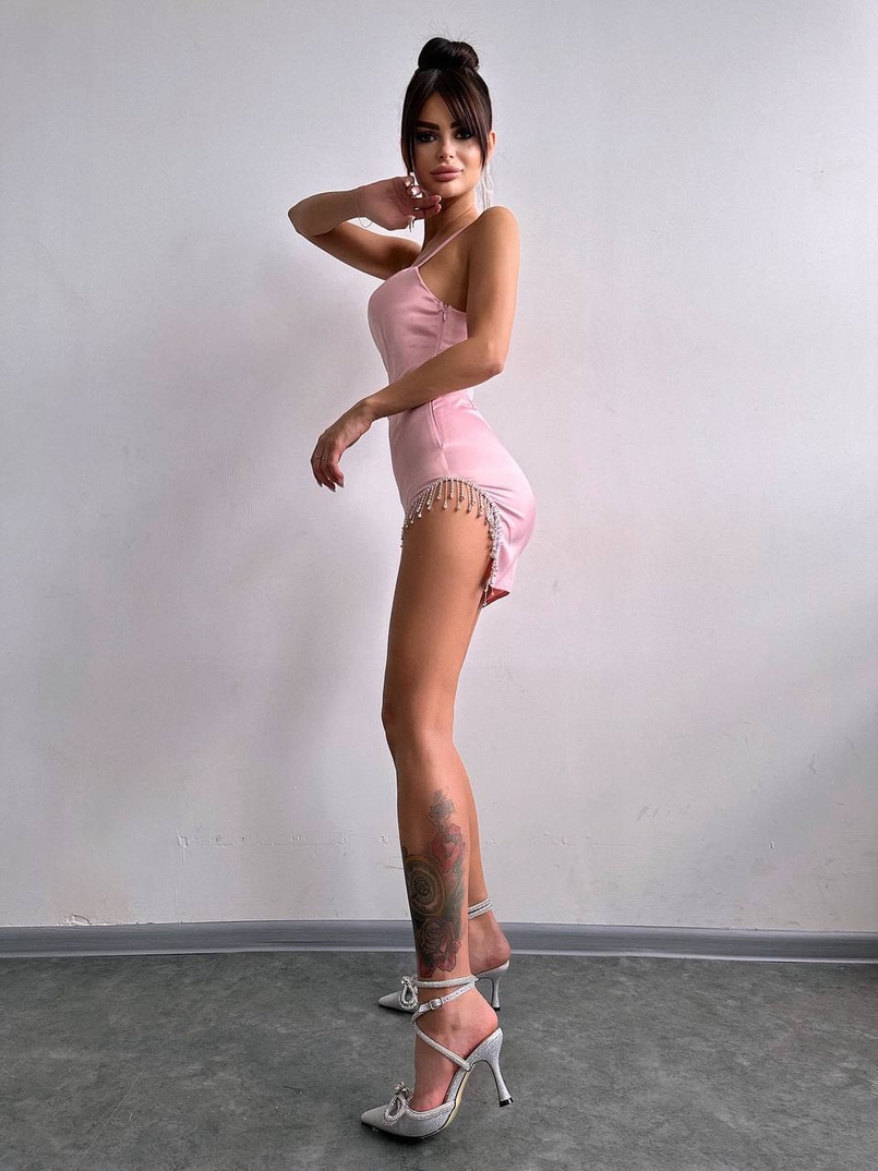 Атласна сукня декорована бахромою зі страз  | PUSHKA SHOP