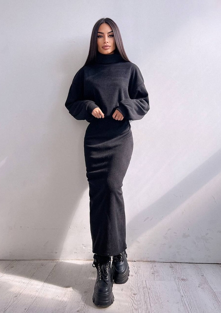 Костюм із теплого трикотажу-рубчика: светр + спідниця | PUSHKA SHOP