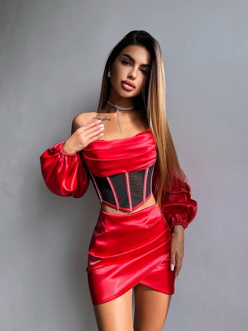 Комплект: корсет, декорований стразами   + спідниця міні з драпіруванням  | PUSHKA SHOP