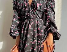 Цветочное платье с пышной юбкой и завязками на груди  Цветочное платье с пышной юбкой и завязками на груди  | PUSHKA SHOP