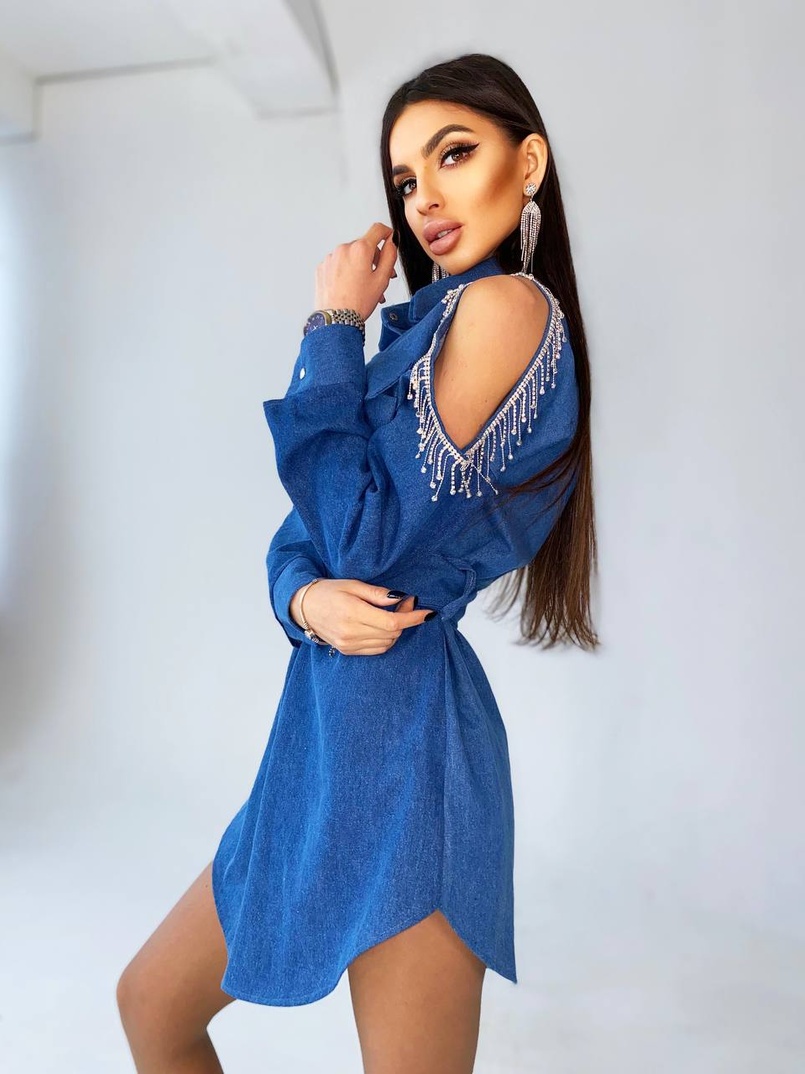 Джинсовое платье-туника с бахромой из страз | PUSHKA SHOP