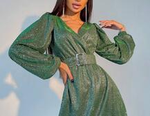 Блестящее платье с широким поясом   Блестящее платье с широким поясом   | PUSHKA SHOP