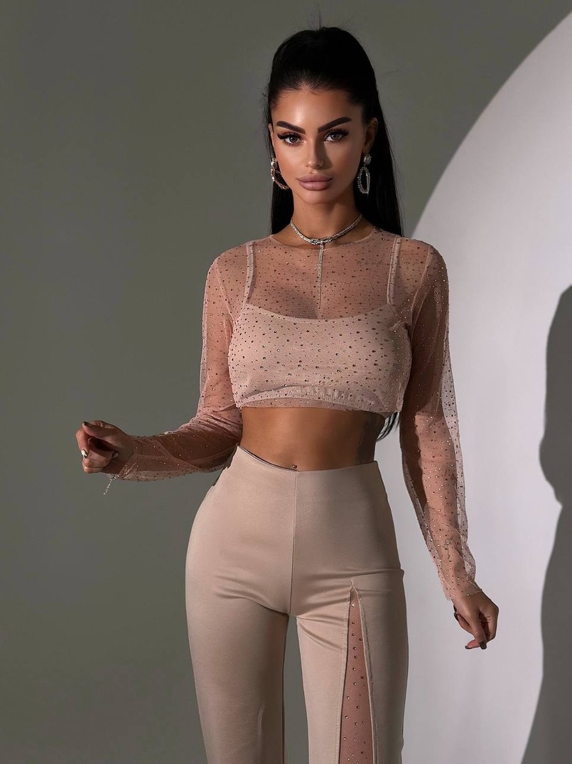 Комплект: топ + штани із сіткою зі стразами Комплект: топ + штани із сіткою зі стразами | PUSHKA SHOP