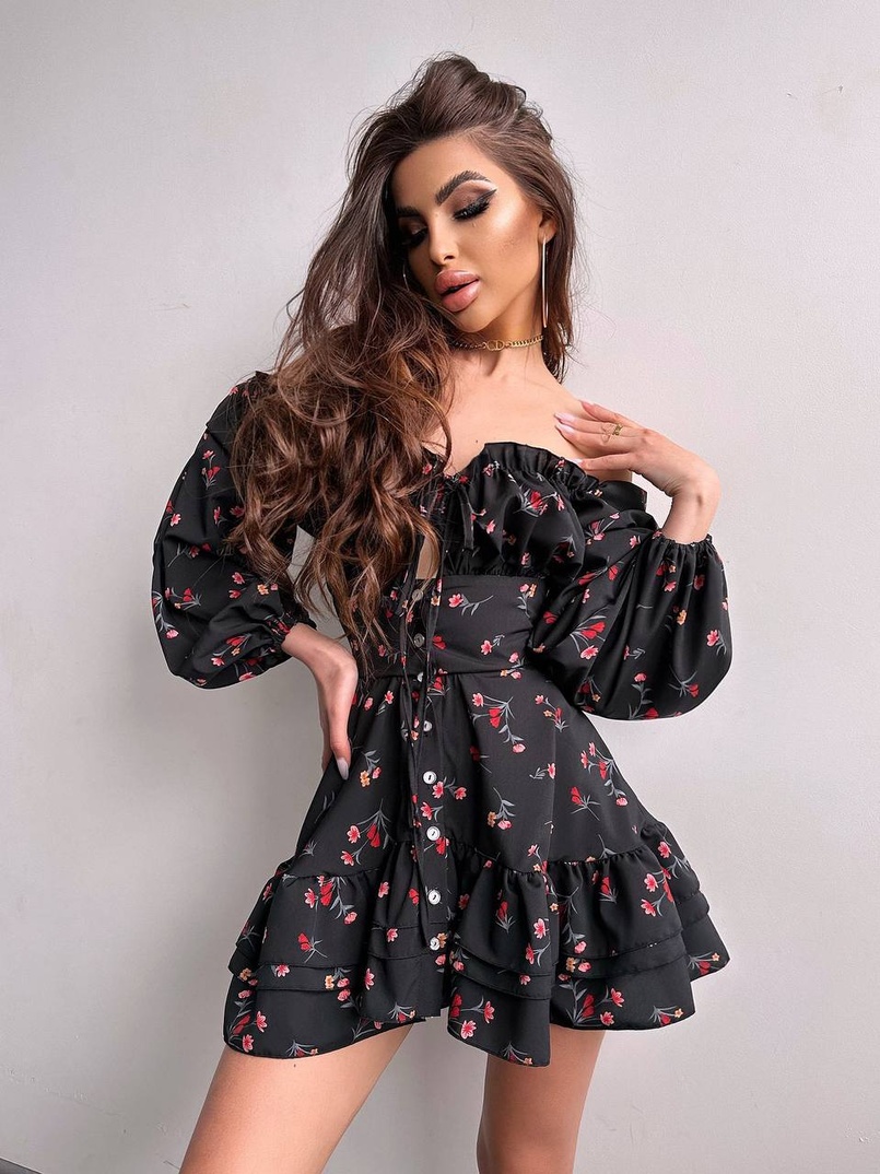 Сукня з квітковим принтом з воланами на ґудзиках  | PUSHKA SHOP
