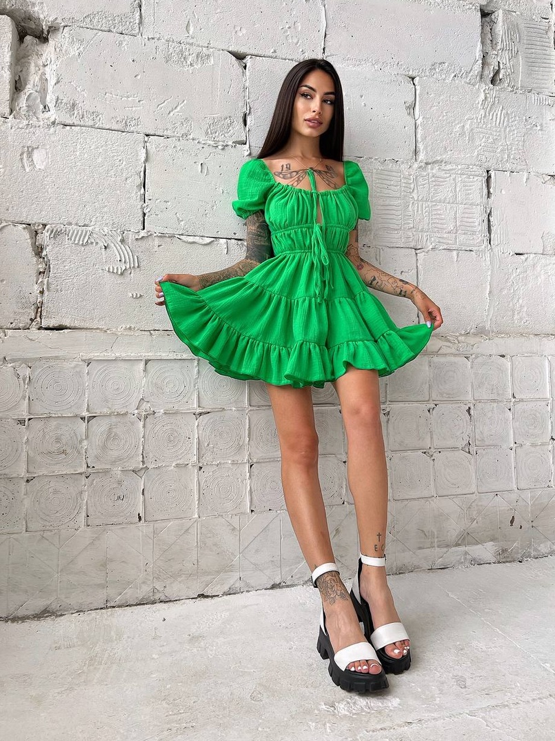 Муслиновое платье с оборками и завязками на груди   | PUSHKA SHOP