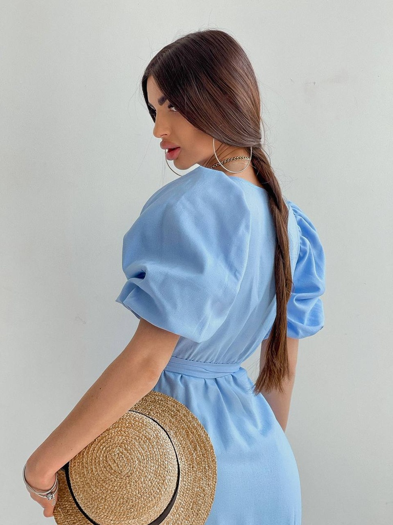 Льняное платье-миди с запахом и объемными рукавами  | PUSHKA SHOP