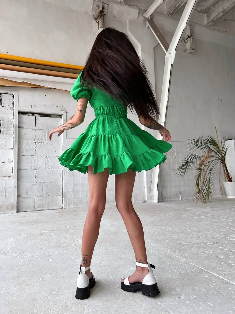 Муслиновое платье с оборками и завязками на груди   | PUSHKA SHOP