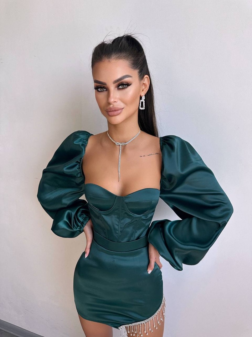 Атласний  комплект: корсет + спідниця декорована бахромою зі страз | PUSHKA SHOP