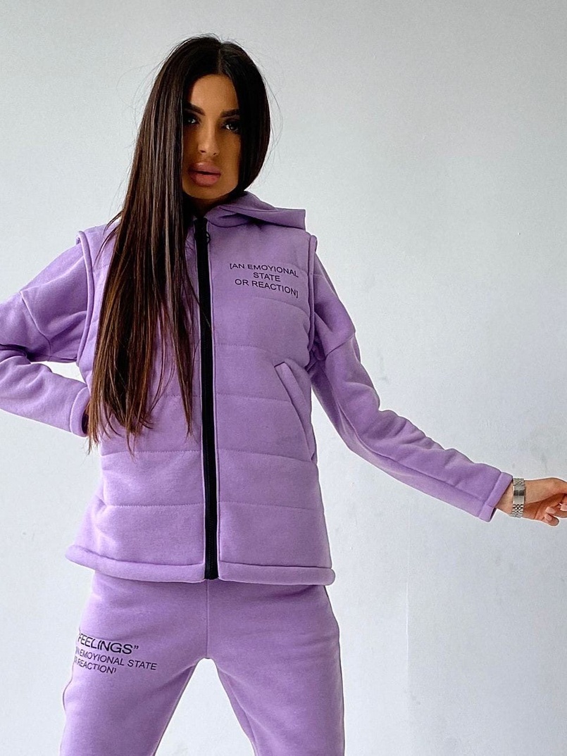 Лавандовый комплект тройка: Свитшот, джоггеры и желетка | PUSHKA SHOP